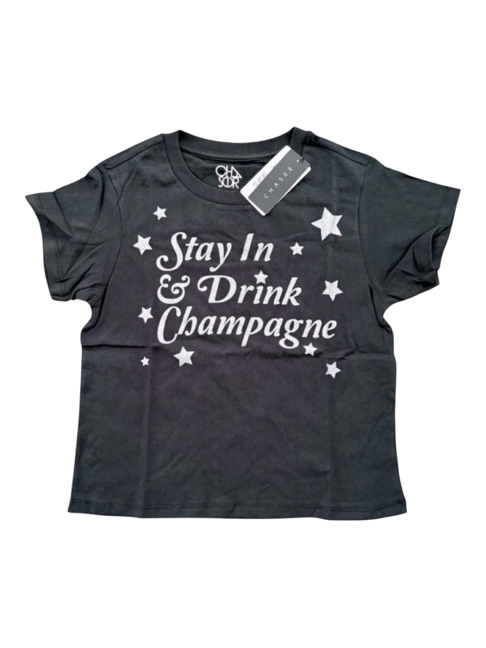 NWT Chaser Champagne Graphic Tee XS Black Celestial Stars Cotton Boutique TShirt